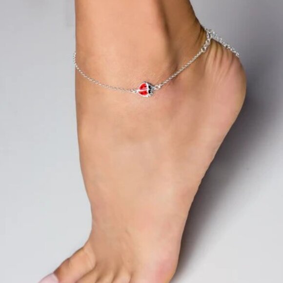 SUPER CUTE STERLING SILVER ROLO CHAIN ANKLET ENAME LADYBUG CHARM ADORNMENT - Picture 2 of 3